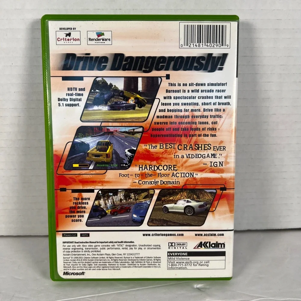 Burnout Microsoft Xbox 2002 Original Racing Game Complete With Manual NTSC
